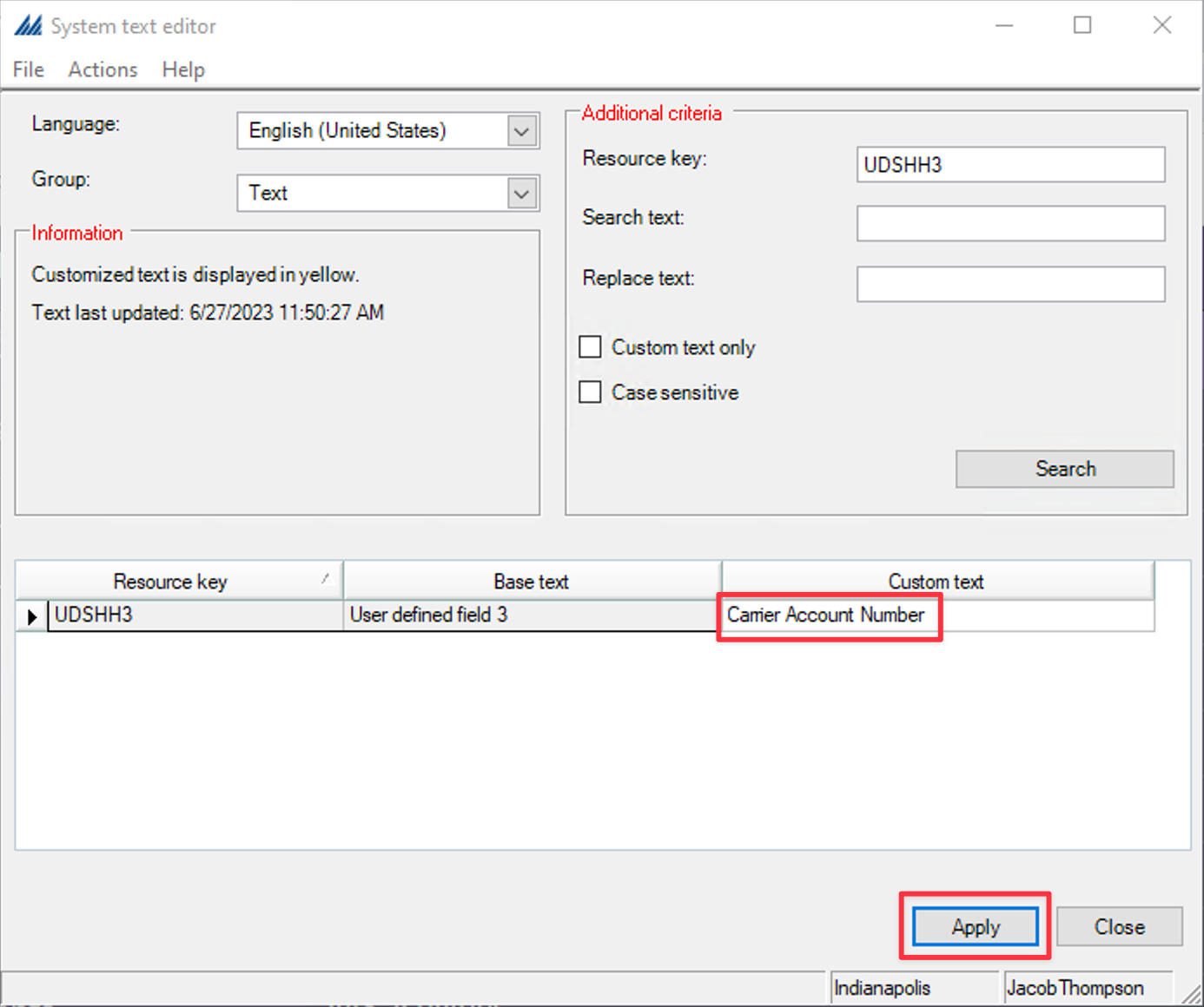 System Text Editor with custom override value applied