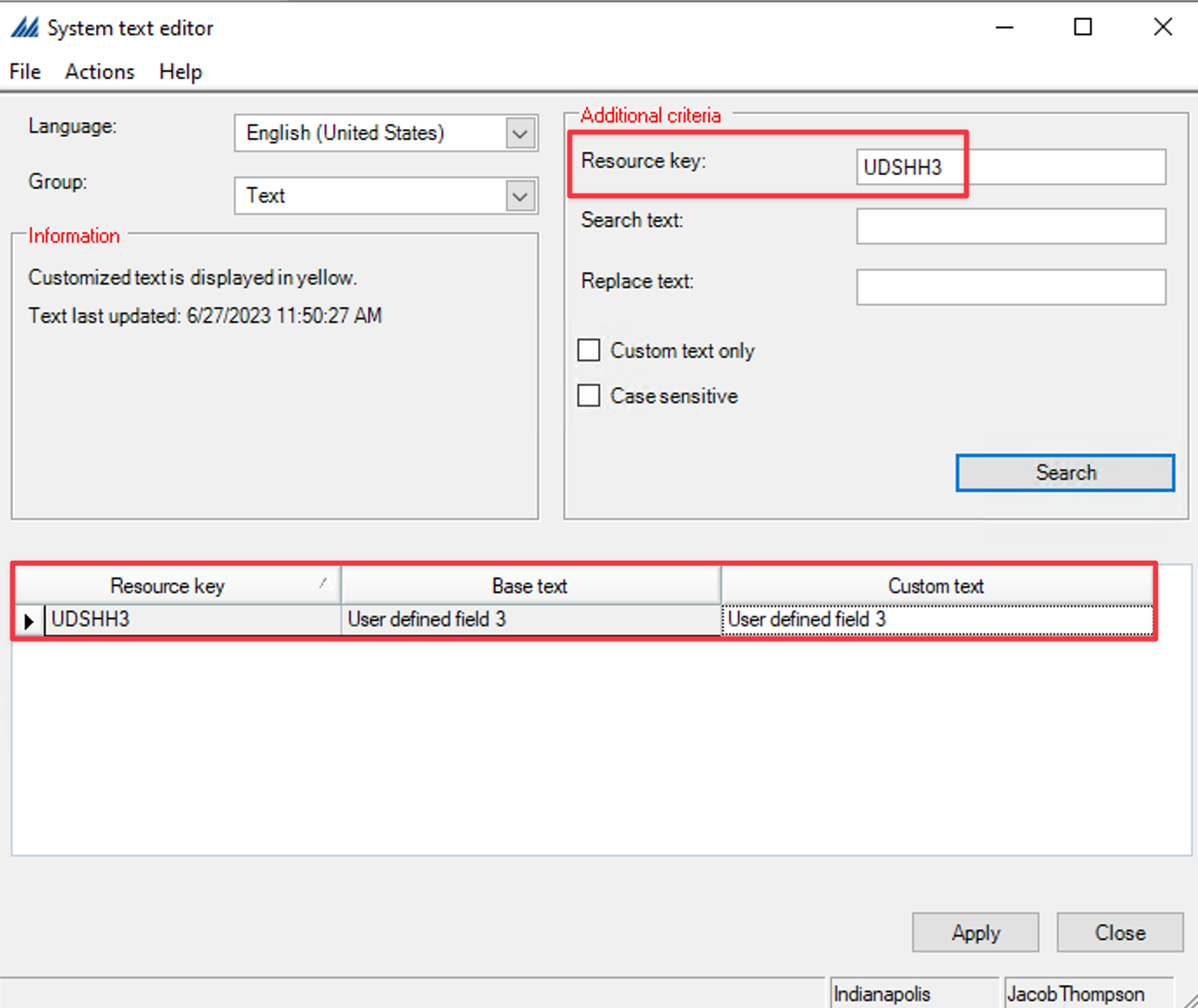 System Text Editor search results showing resource key match