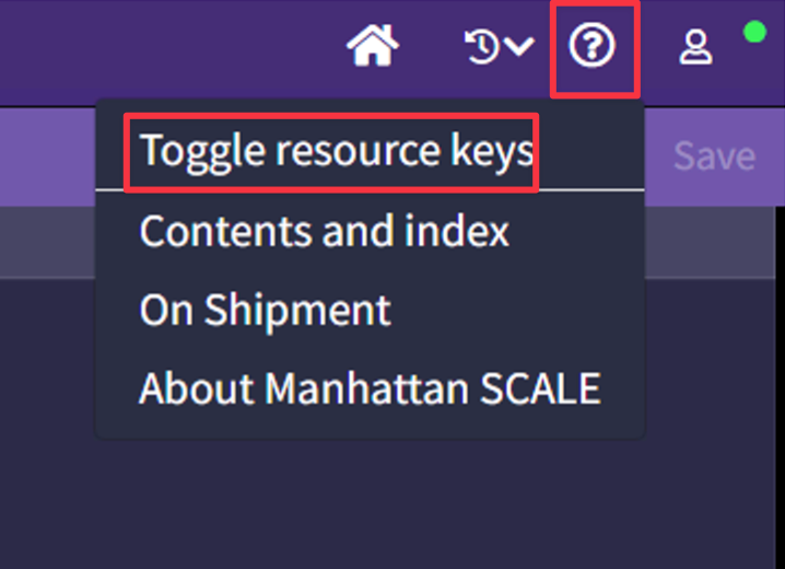 SCALE help menu showing Toggle resource keys option