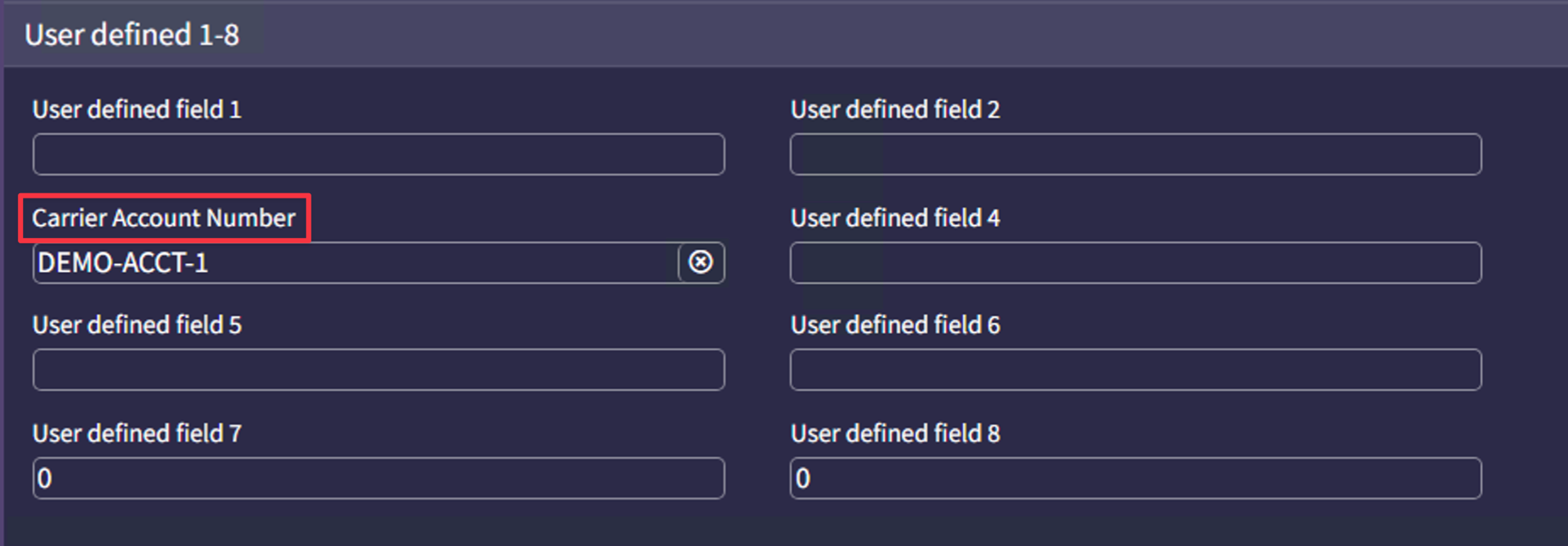 SCALE shipment screen with User Defined field 3 renamed to Carrier Account # using system text override